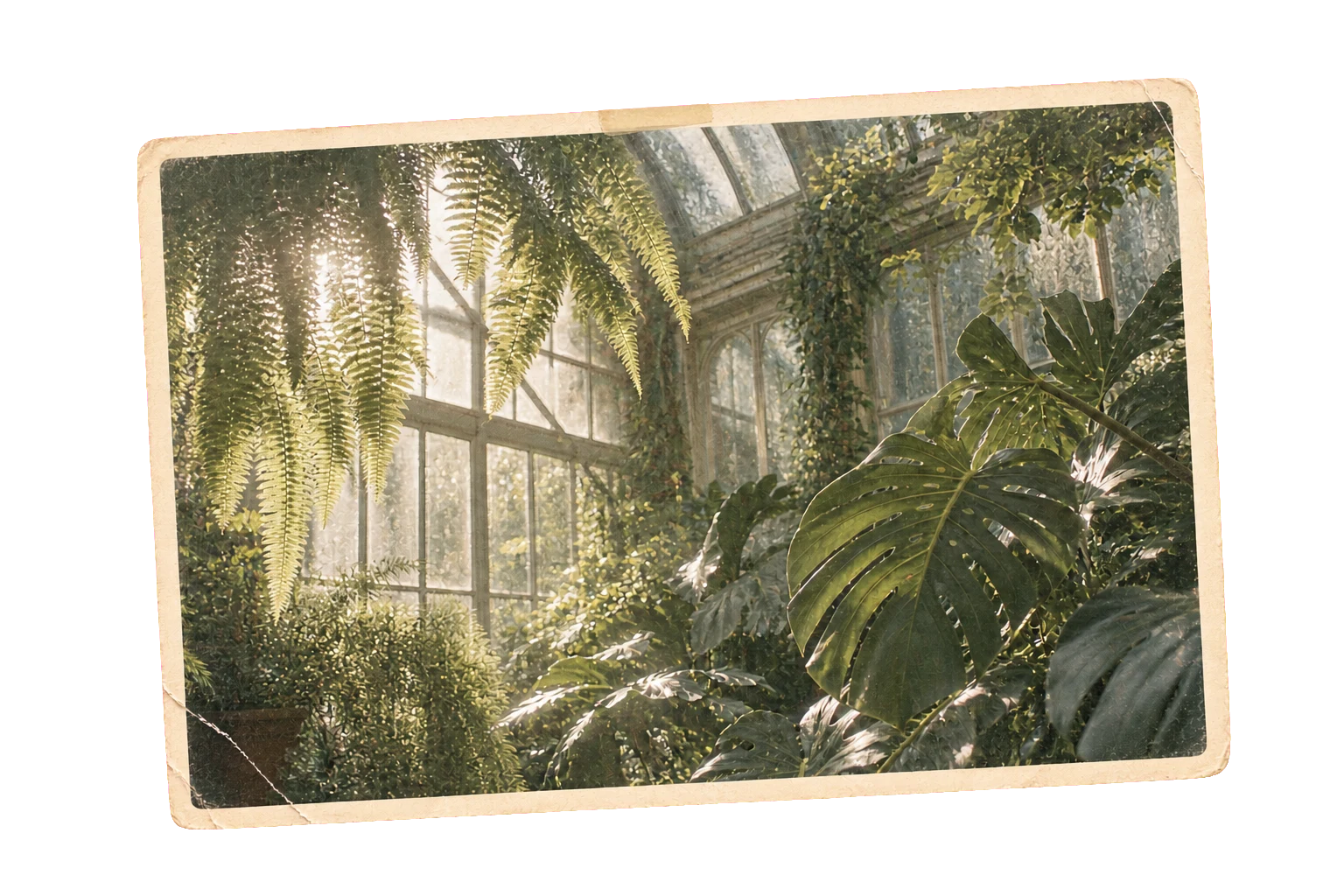 Postcard showing sunlight through conservatory leaves