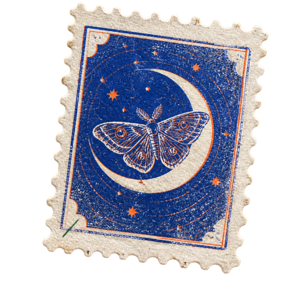 Moth and crescent moon postage stamp